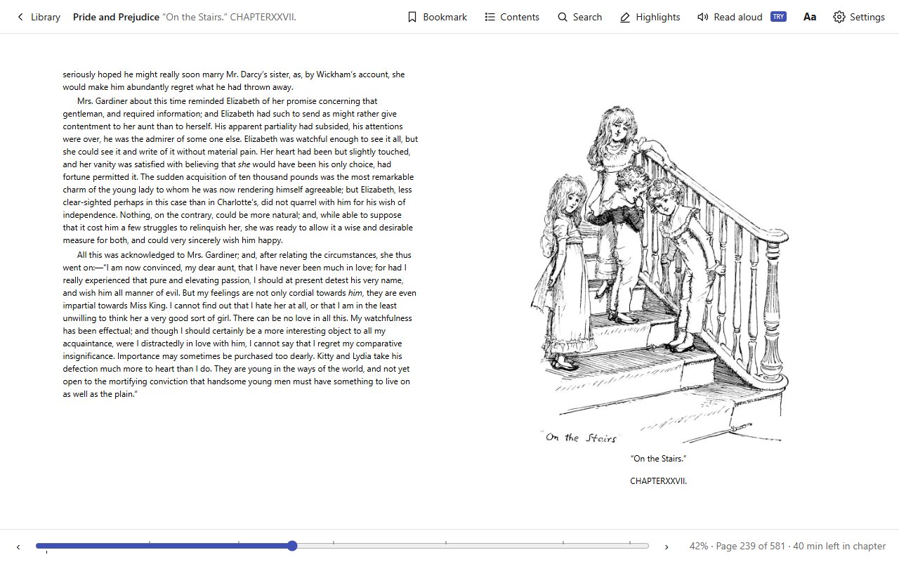 Pride and Prejudice open as a two-page spread with an illustration